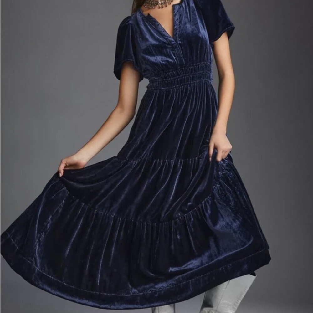 Anthropologie Velvet V-Neck Maxi Dress in Navy - Picture 3 of 7
